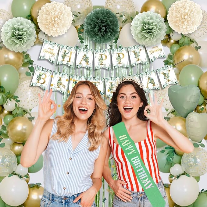 Birthday Decorations Set, Sage Green Party Decoration with Sage Green Balloons, Banner, Pom Poms, Fringe Curtain Background, Birthday Crown, Shoulder Strap for Girls Women Boho Party Supplies