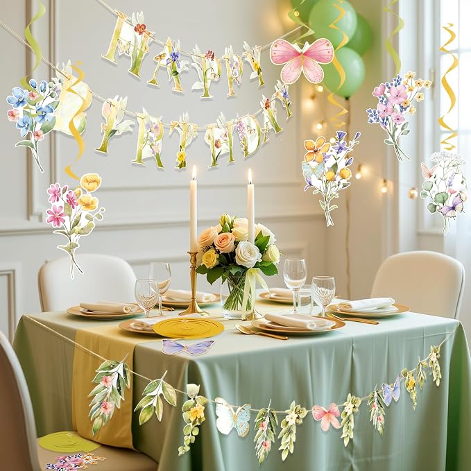 SUNBEAUTY Wildflowers Butterfly Birthday Decorations Garden Flower Happy Birthday Banner with Floral Hanging Swirls Wildflower Party Decorations for Women Girls Baby Shower Wedding Tea Party