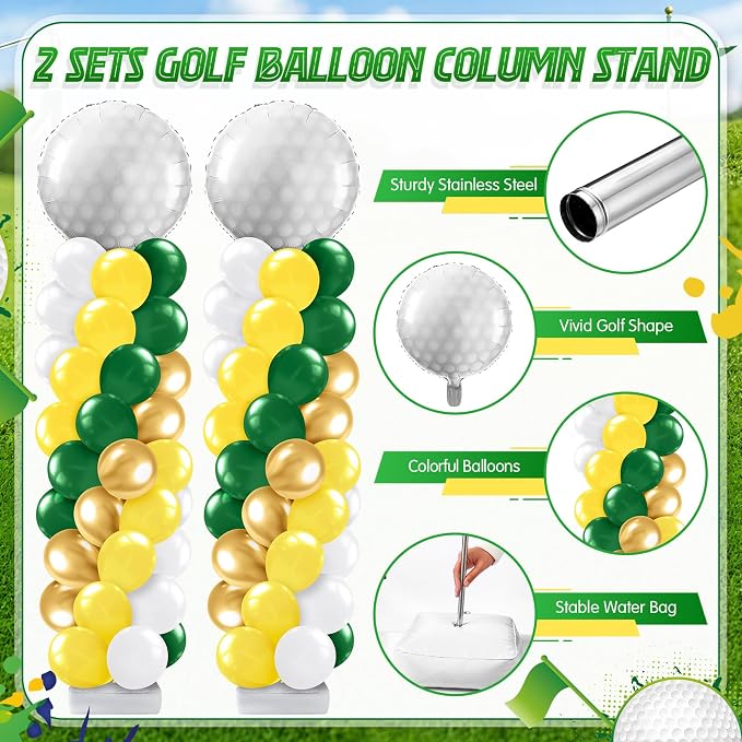 Kasyat 2 Set Golf Balloon Column Stand Kit with Adjustable Tower Stand Green and Yellow Golf Arch Party Supplies for Clubs Decorations Sports Birthday Party Supplies