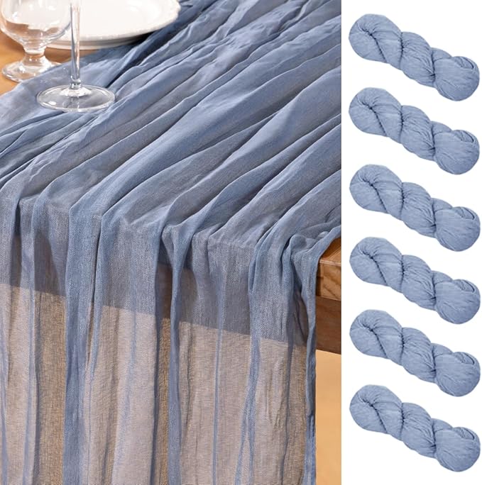 DeZerlor Dusty Blue Cheesecloth Table Runner 6 Pack Spring Easter Table Runners Boho Gauze 120 Inches Blue Table Decor for Wedding Bridal Baby Shower Parties