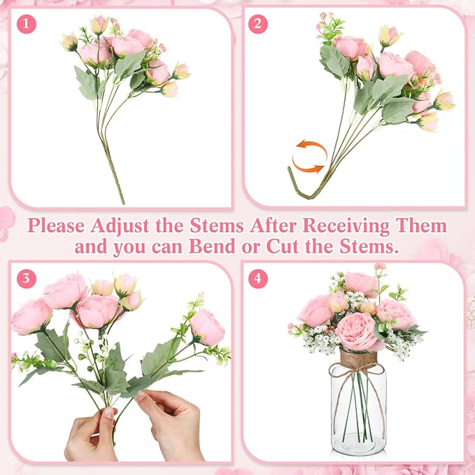 Zeyune 6 Sets Mason Jar Table Centerpiece with Artificial Peony Baby's Breath Flower Centerpieces Faux Flowers with Rope for Wedding Reception Engagement Bridal Shower Rustic Table Decor(Light Pink)