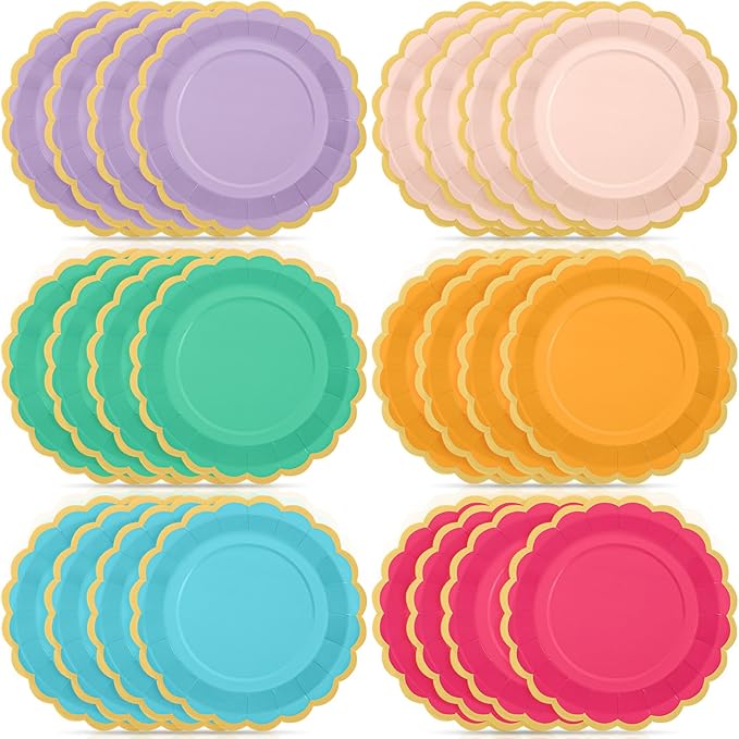 48 Pcs Candy Color Paper Plates 9 Inch Light Colorful Rainbow Scalloped Paper Disposable Dinner Dessert Plates for Birthday Wedding Bridal Party Supplies, 6 Colors