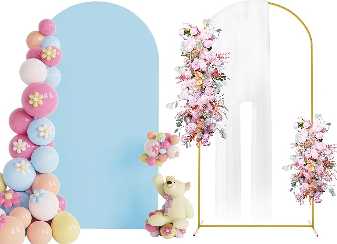 Putros Arch Backdrop Stand and Cover Set, 7.2ft, Gold Arch Stand with Dusty Blue Cover, Metal Arched Background Frame for Wedding, Birthday Party, Baby Shower, Photography Decoration