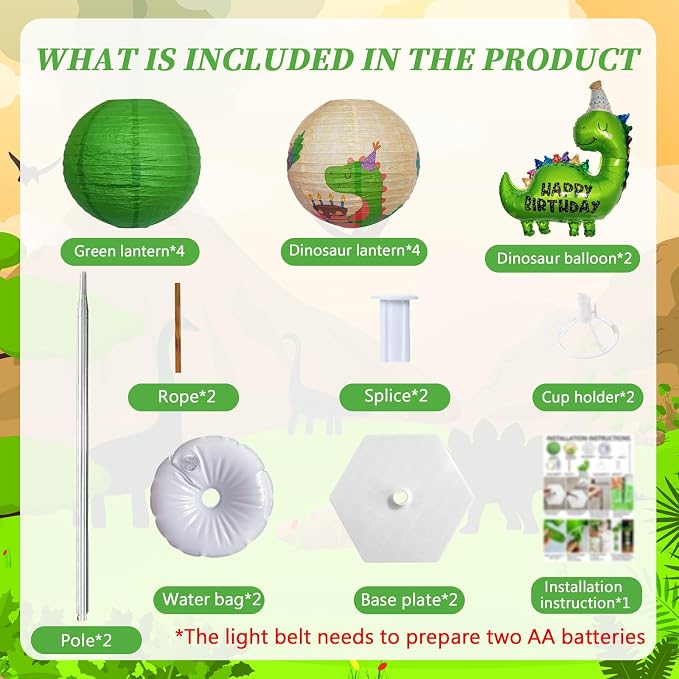 Dinosaur Balloon Column Stand Kit And Paper Lantern 2 Sets 5.5 Feet with Reusable Metal Telescopic Design for Dinosaur Parties, Party Supplie
