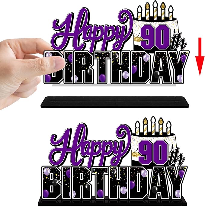 LINGTEER Happy 90th Birthday Purple Acrylic Table Topper Centerpieces Set - Cheers to Ninety Years Old Birthday 90th Bday Party Gift Decorations.