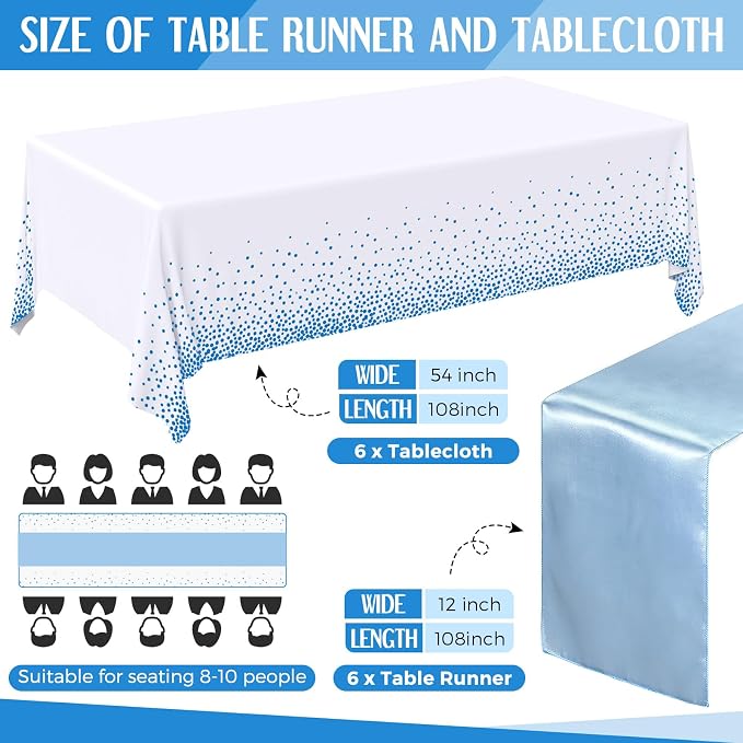 Tudomro 12 Pcs White and Light Blue Disposable Plastic Tablecloths and Satin Table Runner Set 54x108 Inch Tablecloth 12x108 Inch Table Runners for New Year Wedding Birthday Baby Shower Graduation