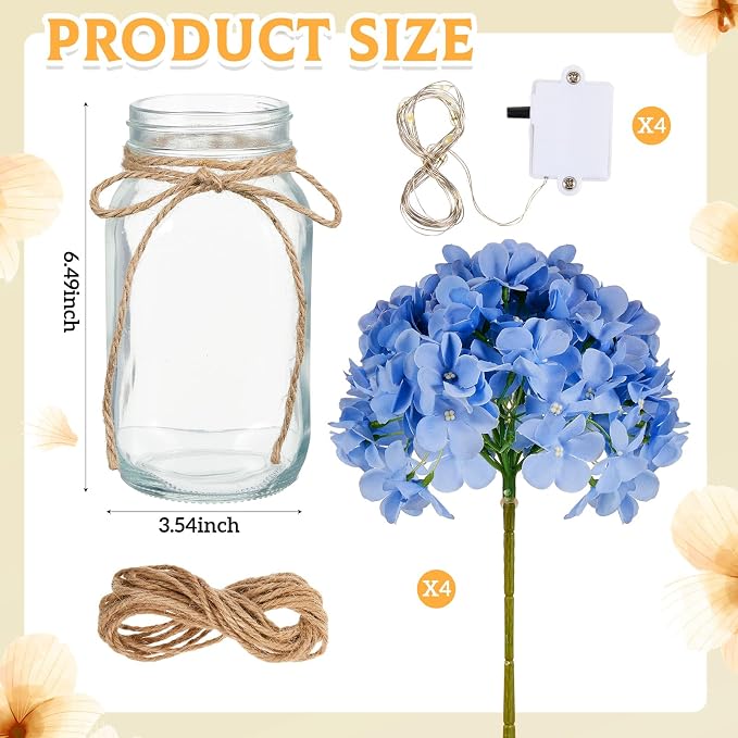 4 Sets Mason Jar Centerpiece with LED Lights and Blue Hydrangea Fake Flowers Vase for Wedding Bridal Shower Party Coffee Table Decor