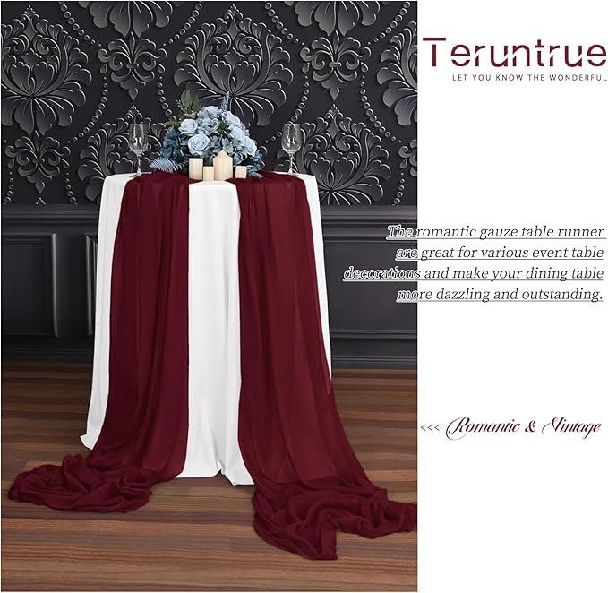 Teruntrue 24 Packs Burgundy Cheesecloth Table Runner,10ft Wine Red Rustic Gauze Boho Wedding Table Runner Decoration, Wedding Table Decor Sheer Table Runner for Wedding Party Bridal Shower Table
