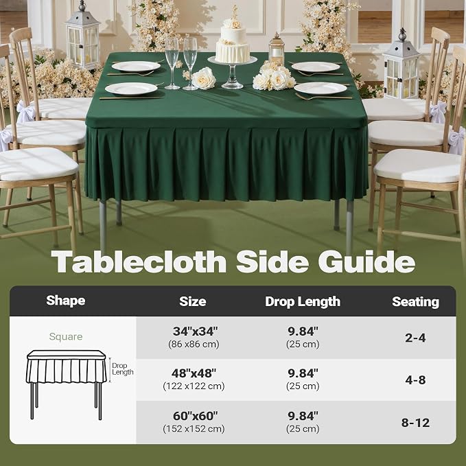 Shillance 34x34 Inch Green Spandex Square Tablecloth,Wrinkle Free Green Fitted Table Cloth for Square Tables,Washable Pleated Table Cover for Wedding Birthday Cocktail Party Buffet Dinner Camping