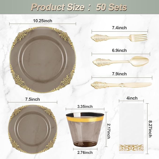 Bestluck 350PCS Clear Black Plastic Plates for 50 Guests, Disposable Plates with Gold Trim include 50 Dinner and Dessert Plates, 150 Gold Silverware, 50 Cups, 50 Napkins for Party & Graduation
