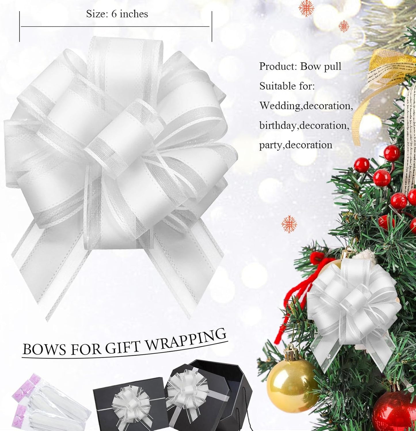 6 Pieces Large Pull Bows,6 inches,Bow for Gift Wrapping,Pull Bows for Christmas Party Birthday Gift Wedding Baskets,Valentine's Day Gift Decorations, Flower Decorations (White), BE-03