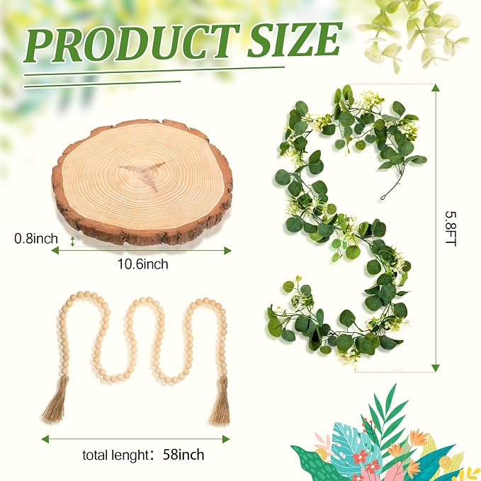 Geelin 6 Pcs Rustic Table Centerpieces, Set of 3 Boho Ceramic Vases, Wooden Serving Tray, Modern Farmhouse Wood Beads Garland Tassel, Artificial Greenery for Home Coffee Tabletop Decor(White)