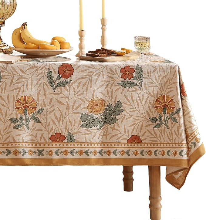patdrea Vintage Linen Tablecloth,Rectangular,102"x63"-RosaSilvestre A | French Heavyweight Large Table Cloth for Rectangle Table,Yellow Floral Patterned,Dining Room Kitchen Tea Party Decor