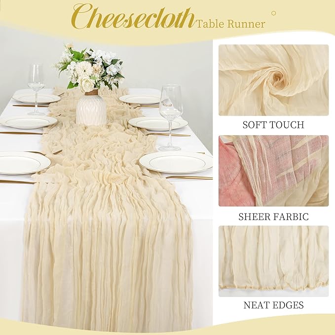 12 Pack 10Ft Ivory Cheesecloth Table Runner 35 x 120 inch Boho Gauze Cheese Cloth Table Runner Vintage Rustic Sheer Runners for Wedding Bridal Shower Birthday Party Cake Table Decorations
