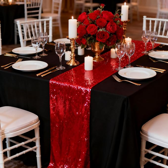 12x108 inch Red Sequin Table Runner Sparkly Glitter Table Linens 6 Packs for Party Decorations Wedding Birthday Baby Shower Engagement Anniversary