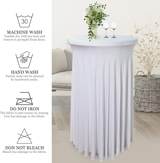 1 Pack 32"x43" White Round Cocktail Table Skirt | Spandex Fitted High Top Table With Skirt | Stain, Wrinkle Resistant, Washable for Bar Wedding Party Banquet
