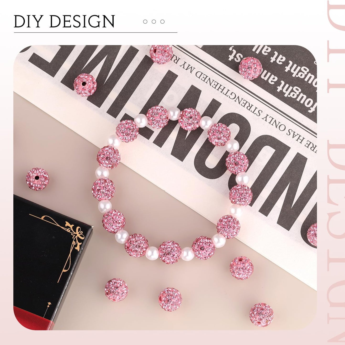 100 pcs 10mm Rhinestone Beads for Jewelry Making, Pink Shiny Round Shamballa Disco Beads Bulk, Sparkle Crystal Clay Christmas for Bracelet Baseball Necklace Earring Crafting and DIY