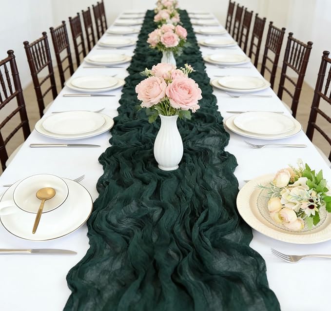 10 Pack Emeral Cheesecloth Table Runner 10FT Boho Gauze Fabric Cheese Cloth Table Runners for Wedding ,Party,Baby Shower, Bridal Party, Rustic Farmhouse and Table Decorations