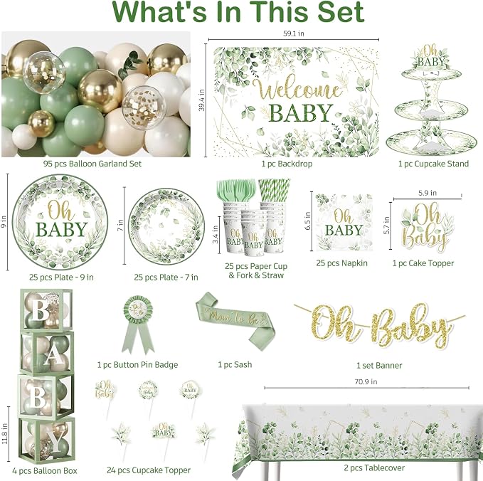 286 Pcs Sage Green Baby Shower Decorations Set-Serves 25 Guests -All-in-One Gender Neutral Party Supplies Kit Includes Balloon Arch, Backdrop, Tableware Set, and Sash