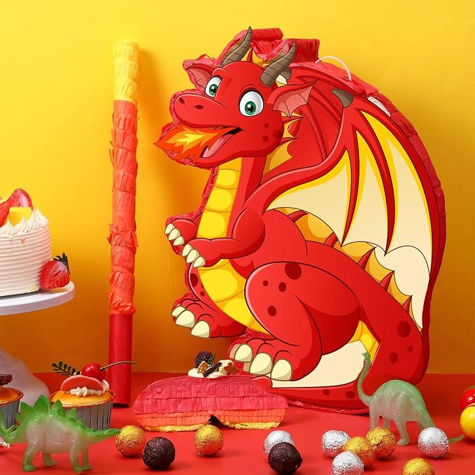 Dinosaur Pinata Set Dino Themed Pinata with Stick and Blindfold Girls Dinosaur Birthday Party for Animal Theme Party Decoration Baby Shower Game Supplies(Red Dino)