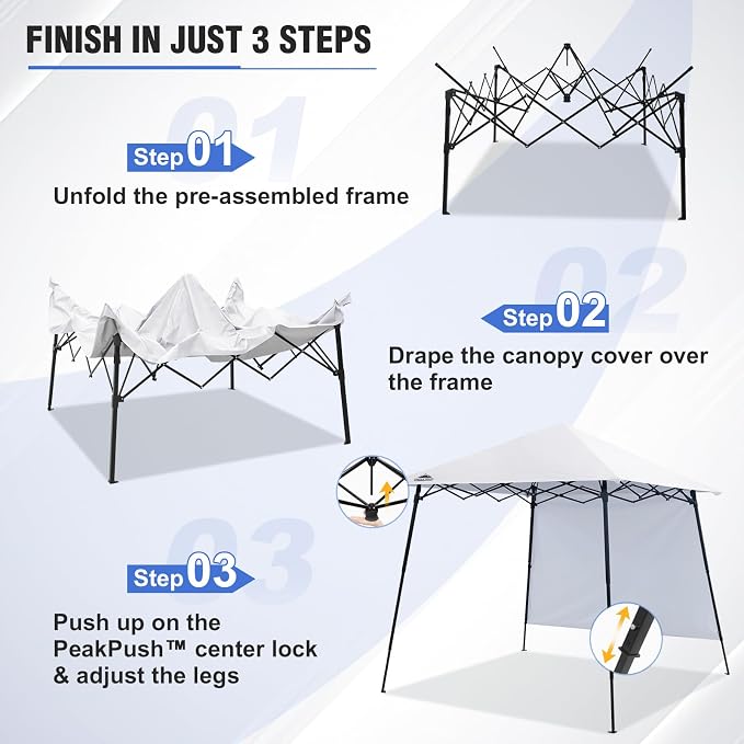EAGLE PEAK 8x8 Pop Up Canopy Tent with Extended Eaves & Sidewall, Compact, Portable, Easy Setup Slant Leg Instant Shelter for Beach, Sports, & Camping, 8x8 Base 7x7 Top, White