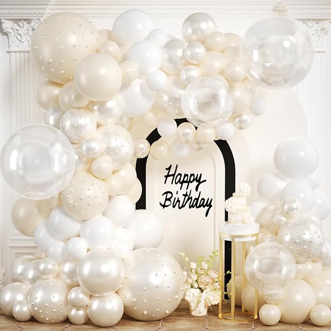 Pearl Balloon Arch Kit 210Pcs White Balloon Arch Garland Kit with Pearl Stickers Clear Balloons for Wedding Birthday Bridal Shower Engagement Baby Shower Party Decorations