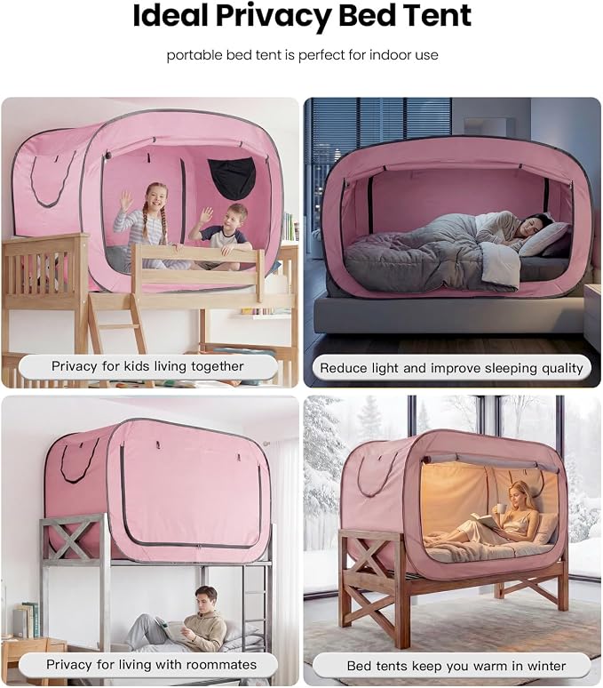 ANC POP Bed Tent Twin Bed Canopy Portable Dream Tent for Adult Indoor Sleeping Tents with 2 Doors Breathable Private Space Tents, Pink