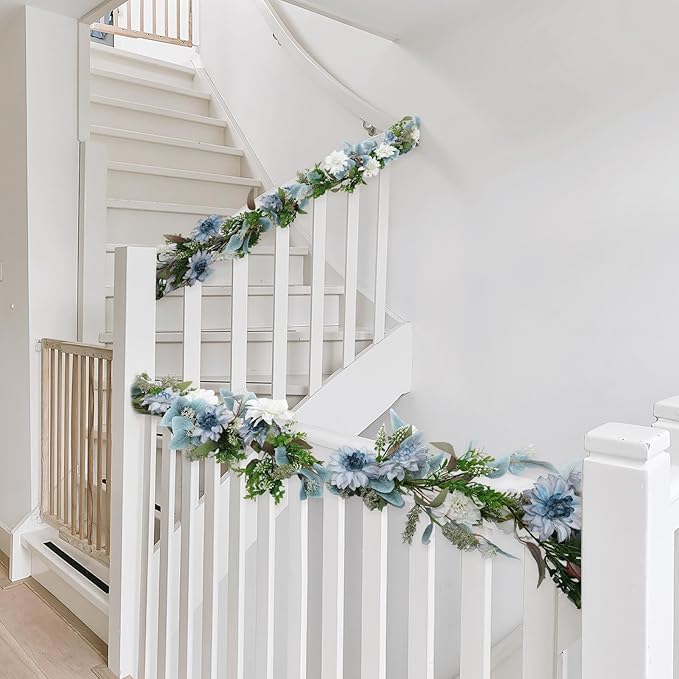 Giegxin 2 Pack 6 ft Artificial Flower Garland with Dahlias and Eucalyptus Blue White Flower Fake Wisteria Vines Summer Greenery Garland for Wedding Mantle Porch Stair Table Indoor Decor