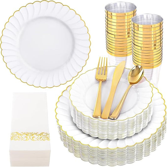 YOUBET 175PCS Gold Scalloped Plastic Plates - White and Gold Disposable Dinnerware Set Include 50 Plates, 75 Gold Silverware, 25 Cups, 25 Napkins for Party & Wedding