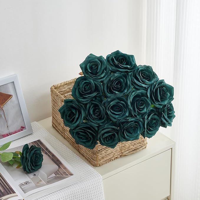 50pcs Emerald Green Roses Artificial Flowers Bulk,Fake Roses Silk Flower with Stems Realistic Flowers for Wedding Centerpiece Home Party Decor