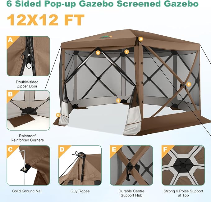 COBIZI 12x12 FT Pop Up Canopy Extendable Tent, Gazebos On Clearance With Removable Roof, Screened In Gazebo,Screen Tents Portable carpas para patio for Outdoor Camping,Backyard, Garden,Brown(Upgraded)