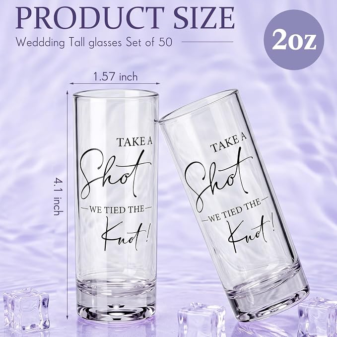 Sliner 50 Set Wedding Favors for Guests Bulk 2oz Acrylic Take a Shot We Tied the Knot Shot Glasses with Thank You Cards Organza Bags for Guest Souvenir Wedding Bridal Shower Gifts (Clear,Black)