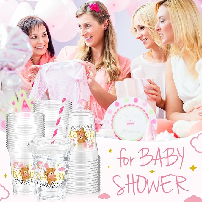 FoldTier 50 Pcs Baby Shower Party Supplies Disposable Plastic Cup 12 Oz Pink Cups Bear Thick Clear Cup Lids Straws Baby Shower Pink Table Decorations Party Favors
