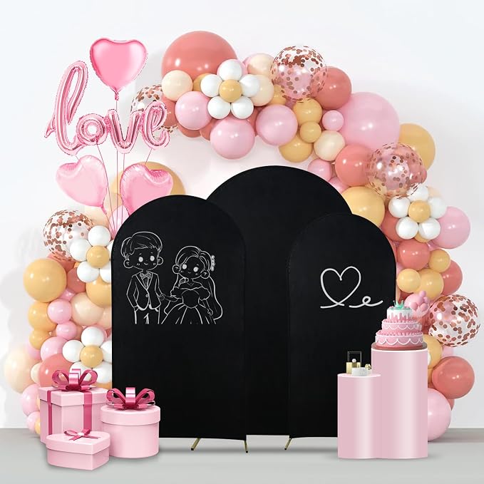 Gawicpy Wedding Arch Backdrop Stand Set Metal Arch Backdrop Stand with Wedding Arch Cover, Wedding Balloon Arch Backdrop Stand for Birthday, Baby Shower, Anniversary (Black, 5.9FT+6.6FT+7.2FT)