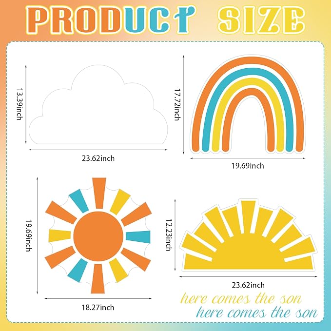 4 Pcs Here Comes the Son Baby Shower Decoration, Large Sun Cloud Rainbow Cardboard Cutouts Props, Retro Sunshine Themed Standups for Photo Booth & Boy First Birthday Decor
