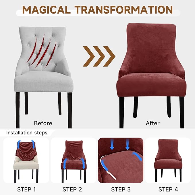 Velvet Wingback Dining Chair Cover Soft Stretch Accent Chair Cover Slipcover Thick Plush Wing Back Chairs Covers Furniture Protect Washable Chairs Protector Covers for Dining Room (Wine, 2)