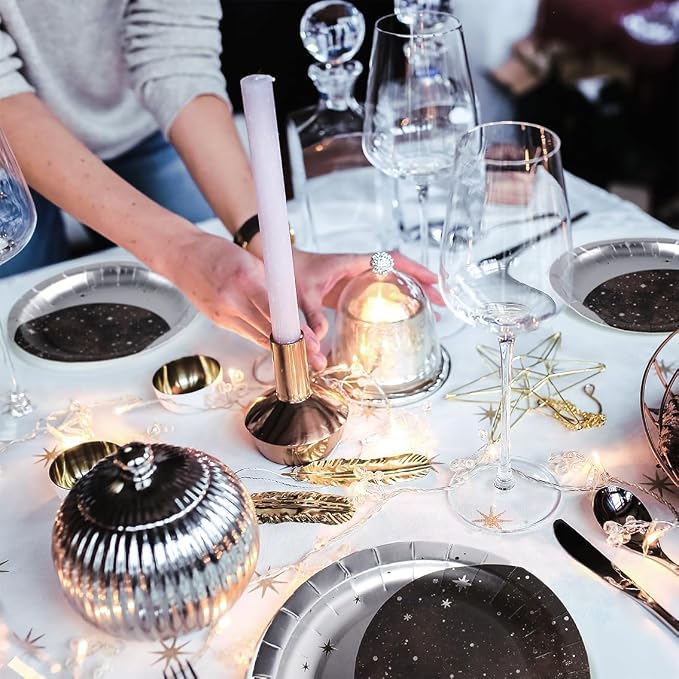 Cheerland Silver Moon Plates for Galaxy Theme Party Tableware Set Starry Night Outer Space Birthday Party Table Decorations Twinkle Twinkle Little Stars (48, Silver)