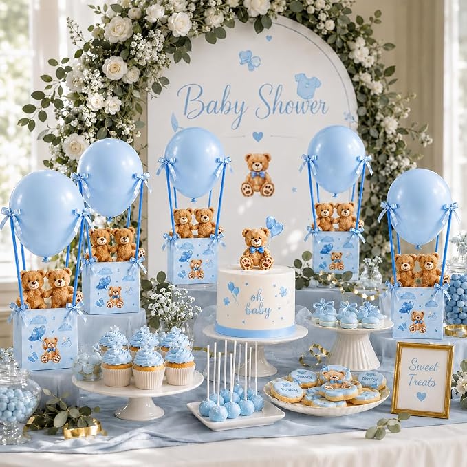 Cinrobiye 12 Sets Teddy Bear Baby Shower Centerpieces for Tables, Bear Favor Boxes with Balloons, Ribbons Paper Straws, DIY Table Decorations for Gender Reveal, Baby Shower, Birthday Party Supplies