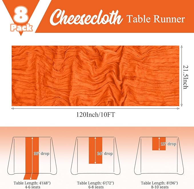 8 Pack Orange Table Runner 10FT Cheesecloth Table Runner Boho Gauze Table Runners Long Rustic Sheer Fabric Table Runners for Wedding Party Bridal Shower Farmhouse & Home Decor