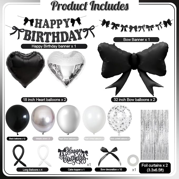 Black Bow Birthday Decorations, Coquette Bow Black and White Silver Balloons with Happy Birthday Banner Fringe Curtain Cake Toppers for Women Girls Baby Shower Party Supplies