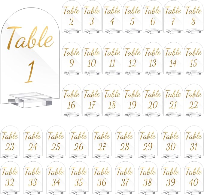 Qunclay 40 Pack 4 x 6 Inch Gold Acrylic Wedding Table Number 1-40 Clear Table Stand with Numbers Calligraphy Number Holders Signs for Wedding Reception Birthday Party Decorations