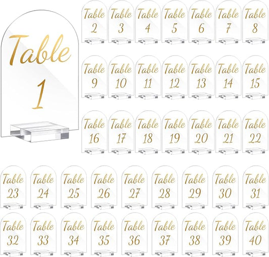 Qunclay 40 Pack 4 x 6 Inch Gold Acrylic Wedding Table Number 1-40 Clear Table Stand with Numbers Calligraphy Number Holders Signs for Wedding Reception Birthday Party Decorations