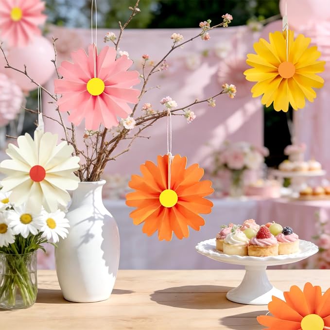 SUNBEAUTY 15Pcs Daisy Paper Fans Party Decorations for Wall, Reusable Pink and Orange Paper FlowersSpring Summer Mini Fan Hanging Paper Floral Decor for Girls Women Birthday Party Backdrop - 6inch