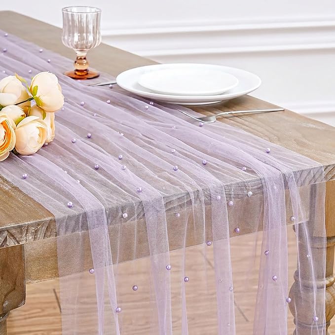 Sheer Gauze Pearl Table Runner Tulle Fabric: 10ft Seasonal Dessert Chiffon Pearl Lace Boho Overlay Wedding Veil Outdoor Wedding Aisle Runner Party Decorations Doilies Grayish Purple