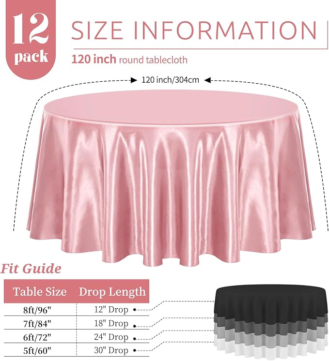 12 Pack Rose Gold Satin Tablecloth, 120 Inch Round Silky Satin Table Cloth, Bright Silk Tablecloth Smooth Fabric TableCovers Overlay Silky Tables Decoration for Wedding Party Banquet Birthday