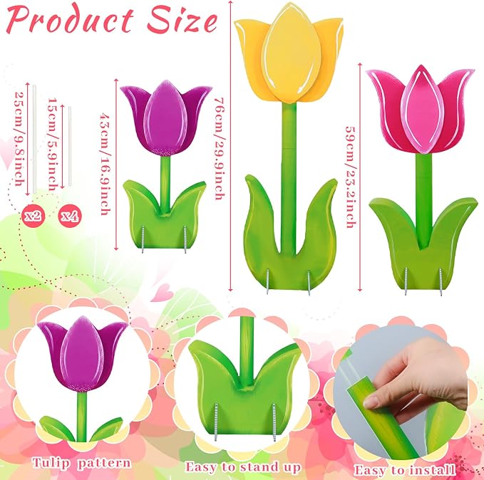 Amyhill 3 Pcs Spring Decorations Tulip Cardboard Cutout Standup Life Size 16.93/23.23/29.92 Inches Tulip Flower Cardboard Cutouts for Mother's Day Indoor Outdoor Yard Baby Shower Party Photo Props