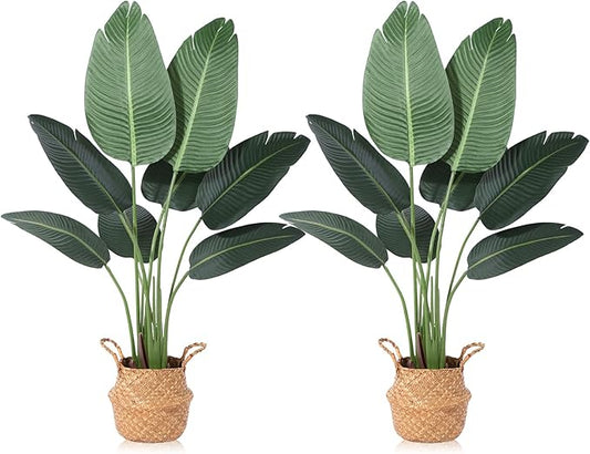 Ferrgoal Artificial Bird of Paradise Plants 4 Ft Fake Tropical Tree with Woven Basket, Faux Banana Leaf Plant for Home Indoor Outdoor Office Modern Decor Green 2 Set