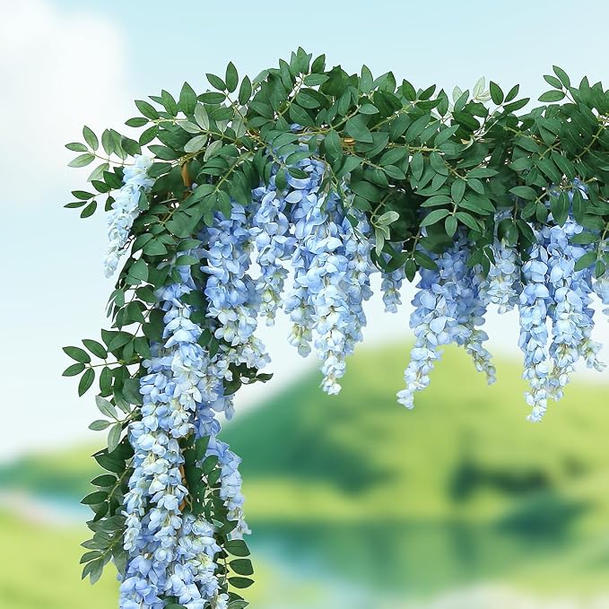 1pc/2pcs Encrypted Flower Vine Wisteria Artificial Flowers Garland,White Wisteria Hanging Flowers Flower Garland Decorations for Home Garden Outdoor Ceremony Wedding Arch Decoration (Blue, 1pc)