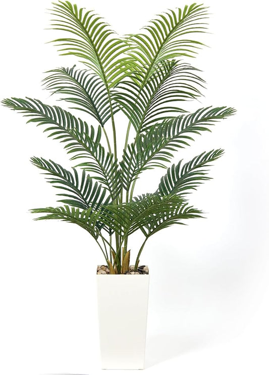 Artificial Palm Trees with Lifelike Natural Trunk, Leaves and Pebbles, 5FT Tall Fake Palm Tree with White Tall Planter, Faux Tropical Areca Floor Plant for Indoor Home Decor, Office Decor, Room Decor