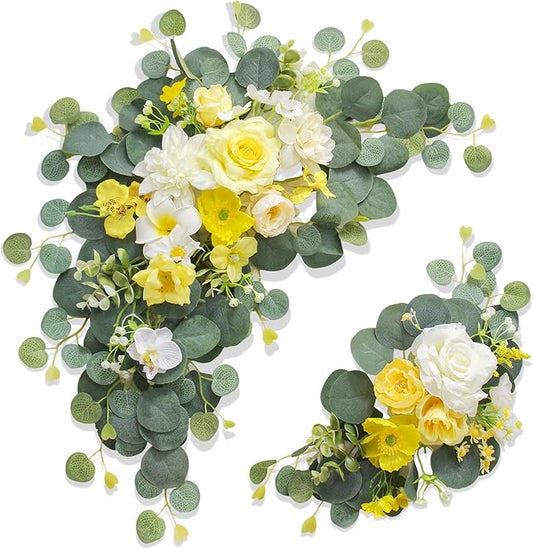 Odouzy Artificial Wedding Arch Flowers for Wedding Sign,Set of 2 for Wedding Welcome Ceremony Sign,Faux Floral Swags,Wedding, Banquet and Reception Backdrop Floral Decoration (Yellow)